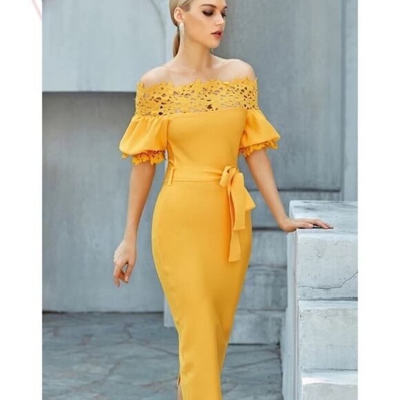 Yellow off the shoulder laser cut dress with lantern sleeves M - Picture 6 of 11